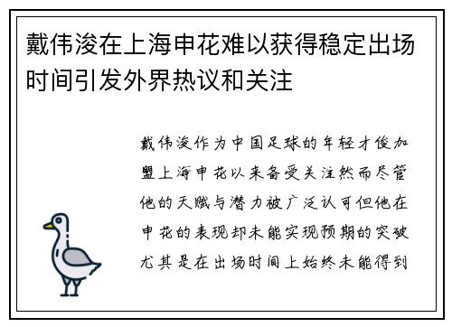 戴伟浚在上海申花难以获得稳定出场时间引发外界热议和关注 戴伟浚在上海申花难以获得稳定出场时间引发外界热议和关注