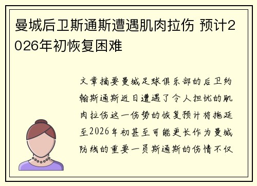 曼城后卫斯通斯遭遇肌肉拉伤 预计2026年初恢复困难