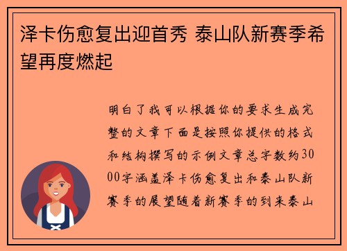 泽卡伤愈复出迎首秀 泰山队新赛季希望再度燃起