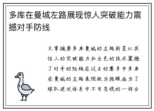 多库在曼城左路展现惊人突破能力震撼对手防线 多库在曼城左路展现惊人突破能力震撼对手防线